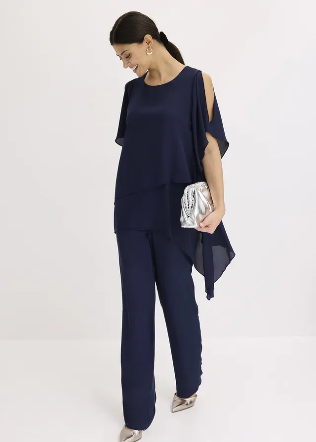 Blouse met puntjes in layerlook, Kleur: donkerblauw