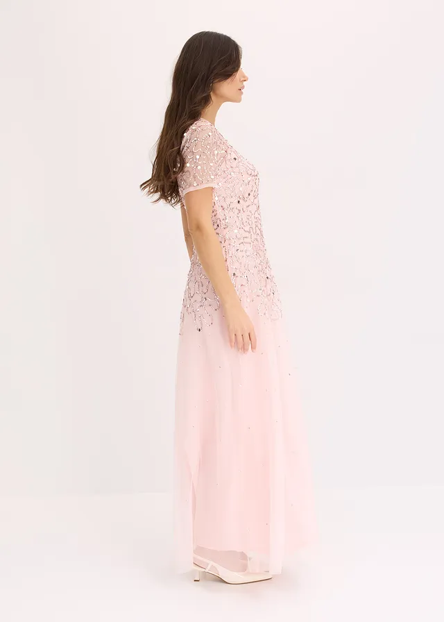 Robe longue en tulle avec sequins brodés, Couleur: rose nacré