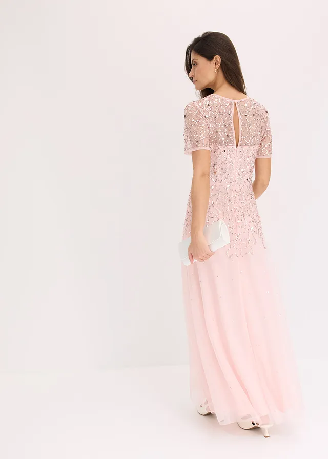 Robe longue en tulle avec sequins brodés, Couleur: rose nacré