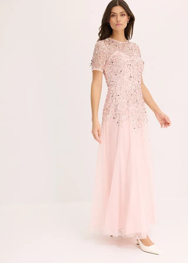 Robe longue en tulle avec sequins brodés, Couleur: rose nacré