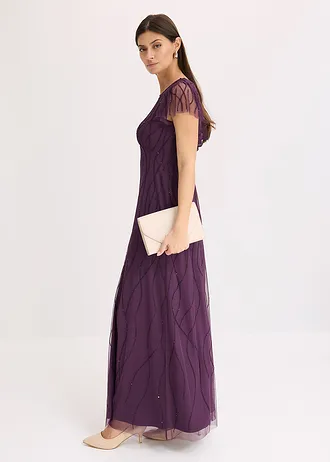 Maxi jurk van delicate tule met parelborduursel, Kleur: donkerpaars