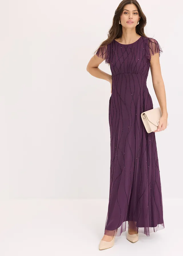 Maxi jurk van delicate tule met parelborduursel • paars • bonprix online shop