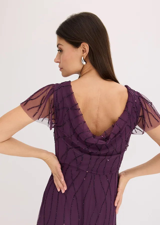 Maxi jurk van delicate tule met parelborduursel • donkerpaars • product-page.page-title-suffix