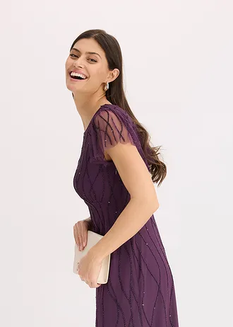 Robe longue en tulle délicat avec perles brodées • violet foncé • Boutique bonprix
