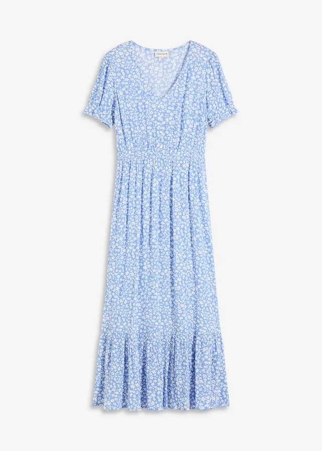 Robe longue 100% viscose, Couleur: bleu/blanc floral