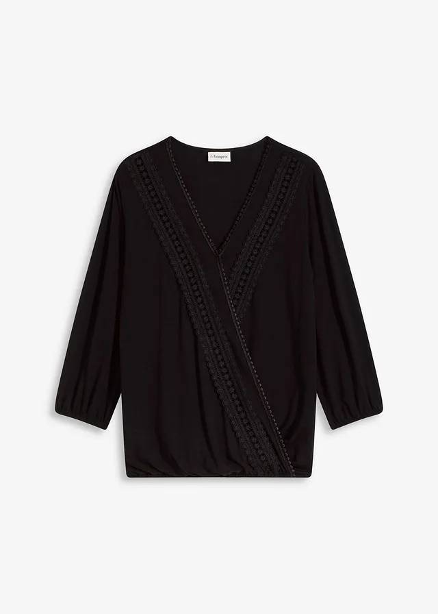 Shirt met 3/4 mouwen en kant in een wikkelllook, Kleur: zwart