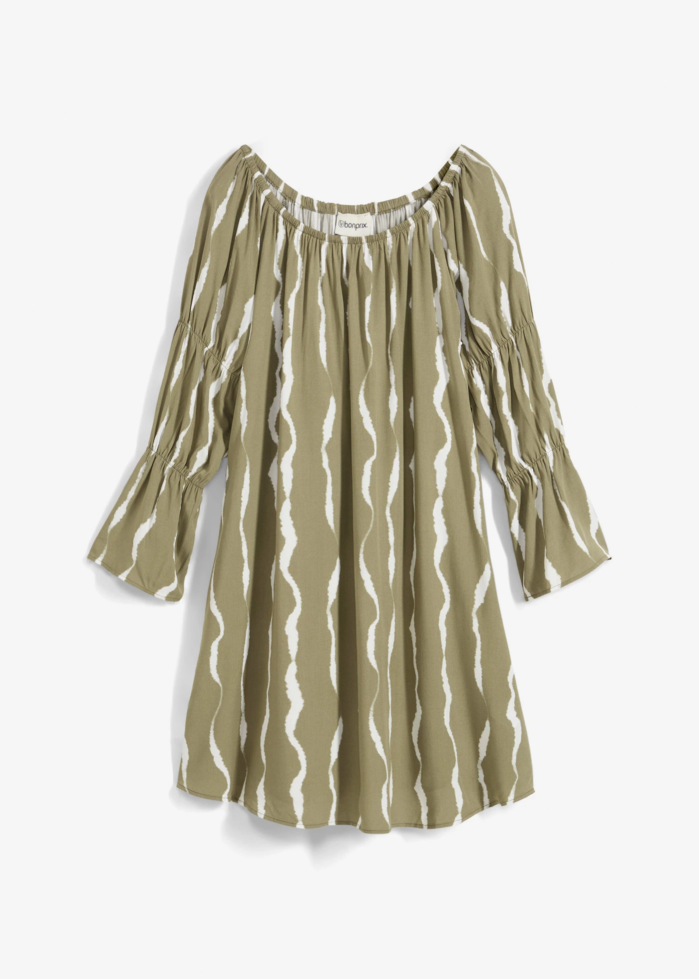 Carmen šaty ze splývavé viskózy • hnědozelená/bílá • bonprix obchod