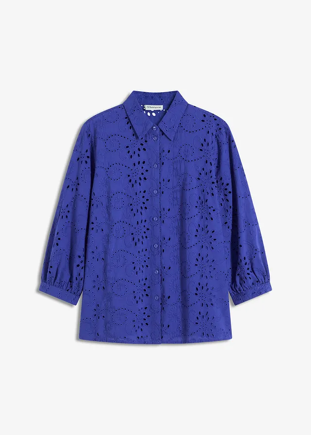 Blouse met broderie anglaise, Kleur: saffierblauw