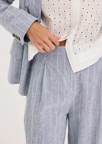 Kalhoty se sklady u pasu a s podílem lnu • kouřově modro-přírodní bílá s proužky • bonprix obchod