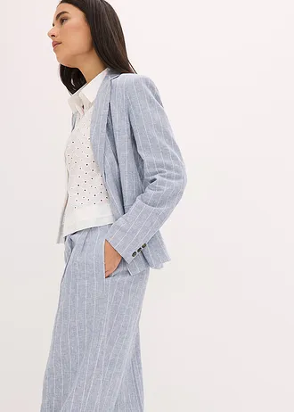 Nohavice so záhybmi na páse, s podielom plátna • dymovo modrá-biela vlna pásikovaná • obchod bonprix