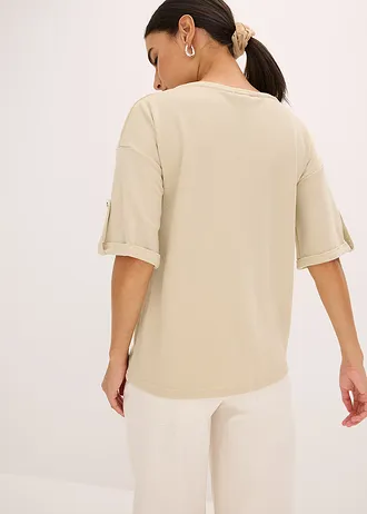 Shirt met viscose en glanzende print, Kleur: lichtsand-metallic zilver