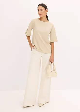 Shirt met viscose en glanzende print, Kleur: lichtsand-metallic zilver