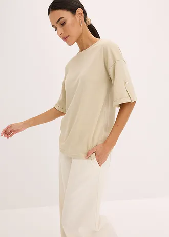 Shirt met viscose en glanzende print, Kleur: lichtsand-metallic zilver