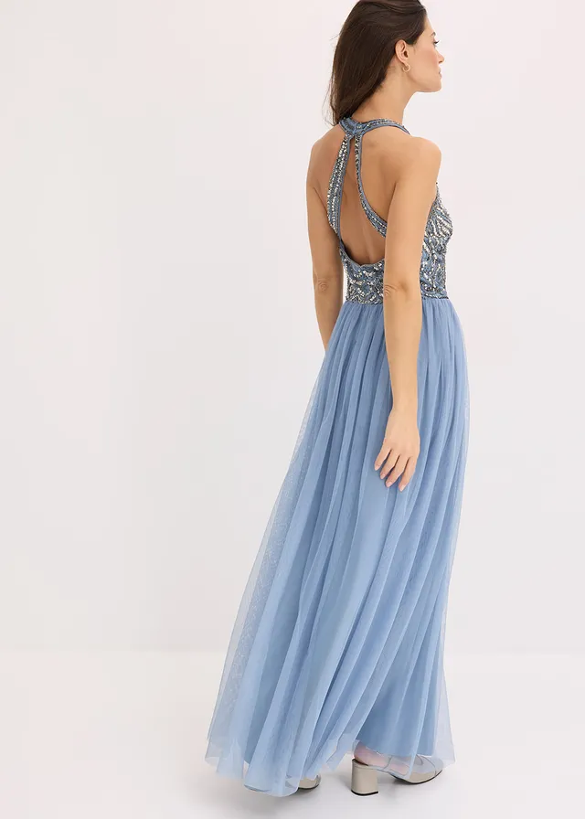 Robe longue brodée de sequins, Couleur: bleu clair/argenté