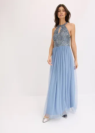 Robe longue brodée de sequins, Couleur: bleu clair/argenté