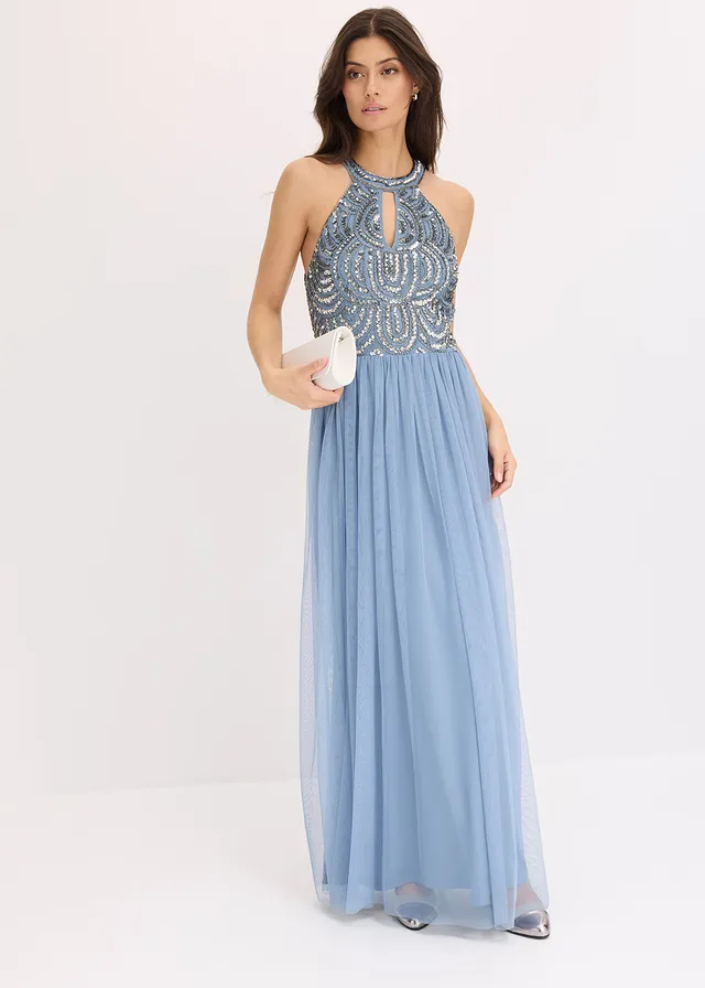 Robe longue brodée de sequins, Couleur: bleu clair/argenté