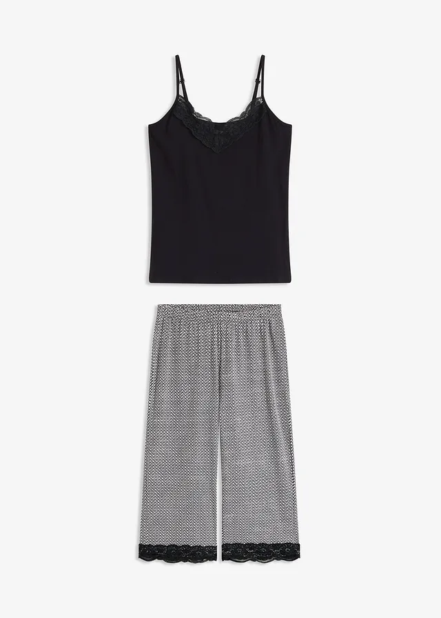 Capri pyjama met spaghettibandjes • zwart gedessineerd • bonprix online shop