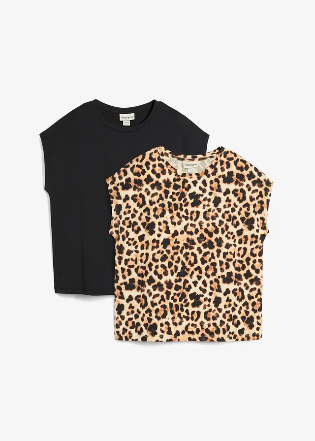 T-shirt van biologisch katoen (set van 2), Kleur: zwart+beige gedessineerd