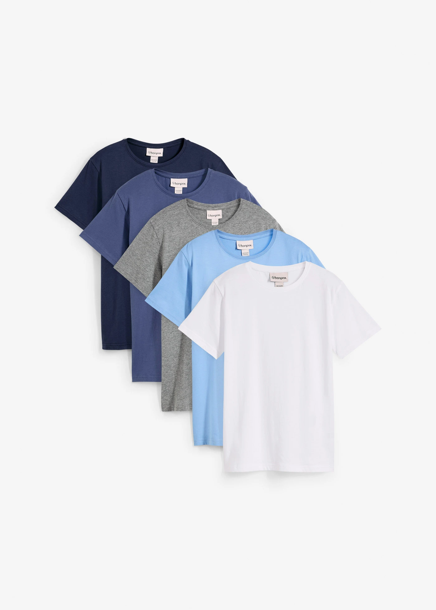 T-shirt van puur katoen (set van 5) • donkerblauw+wit+middenblauw+grijs gemêleerd+indigo • bonprix online shop