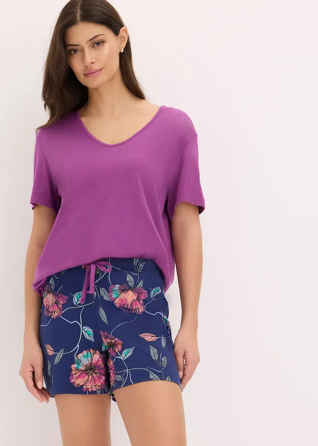 Shortama met viscose, Kleur: pioenroos-middernachtblauw gebloemd