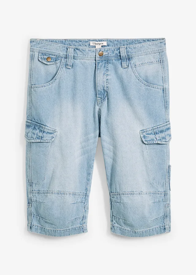 Bermuda long poches cargo en denim léger, coupe loose, Couleur: bleu glacier denim