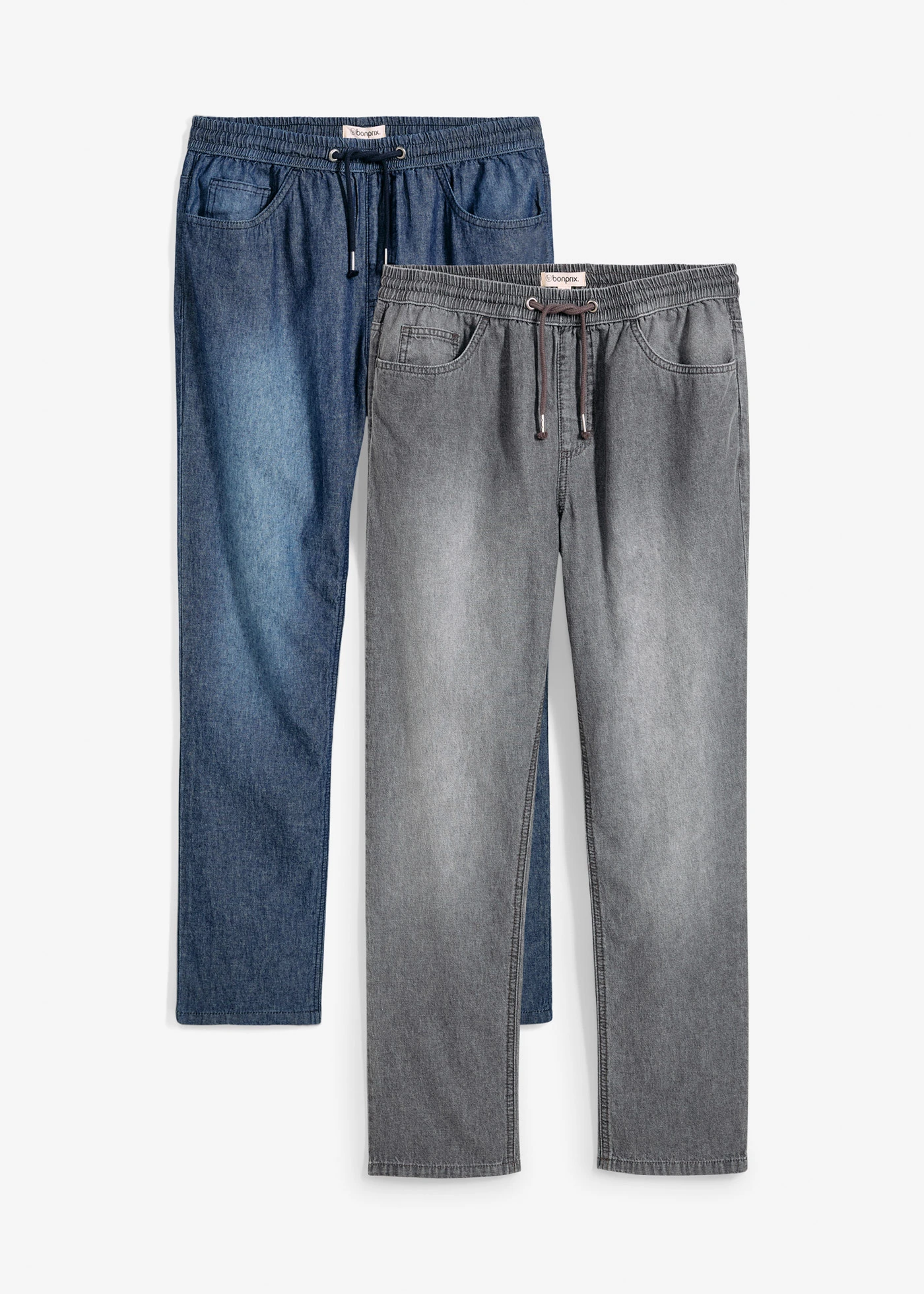 Lot de 2 jeans légers à taille élastiquée, fuselés • bleu foncé denim + gris foncé denim • product-page.page-title-suffix
