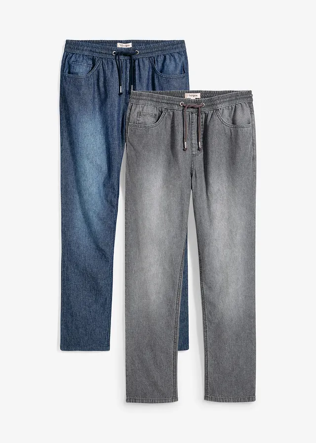 Lot de 2 jeans légers à taille élastiquée, fuselés, Couleur: bleu foncé denim + gris foncé denim