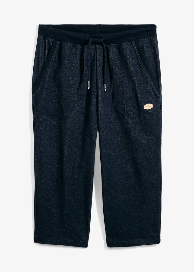 3/4 sweatpants in denim look met comfortband, Kleur: donkerblauw