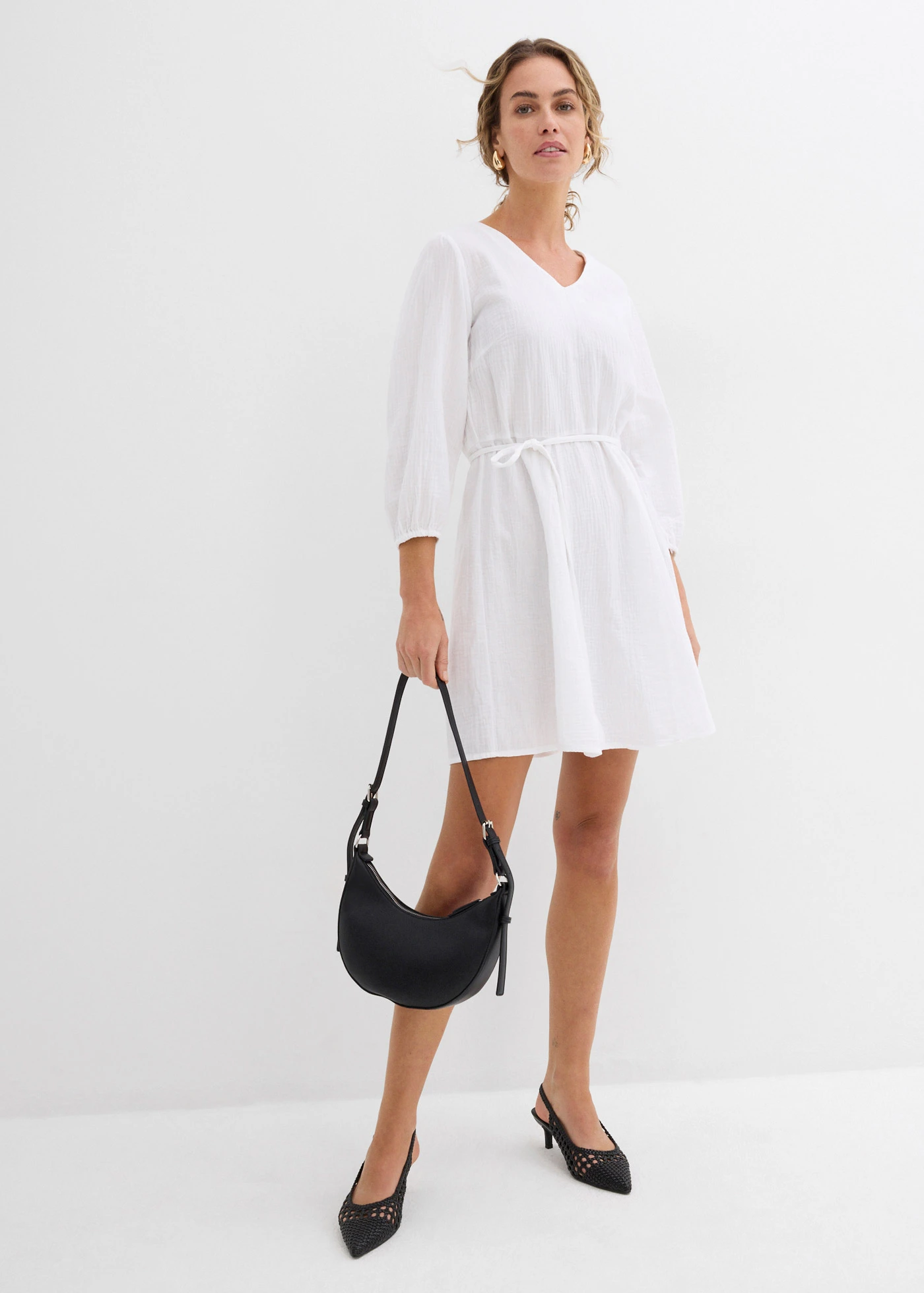 Mini jurk in skaterlook met ceintuur en 3/4 mouwen • wolwit • bonprix online shop