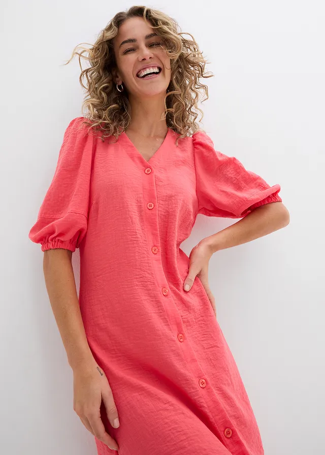 Uitlopende midi jurk met pofmouwtjes • paradijspink • product-page.page-title-suffix