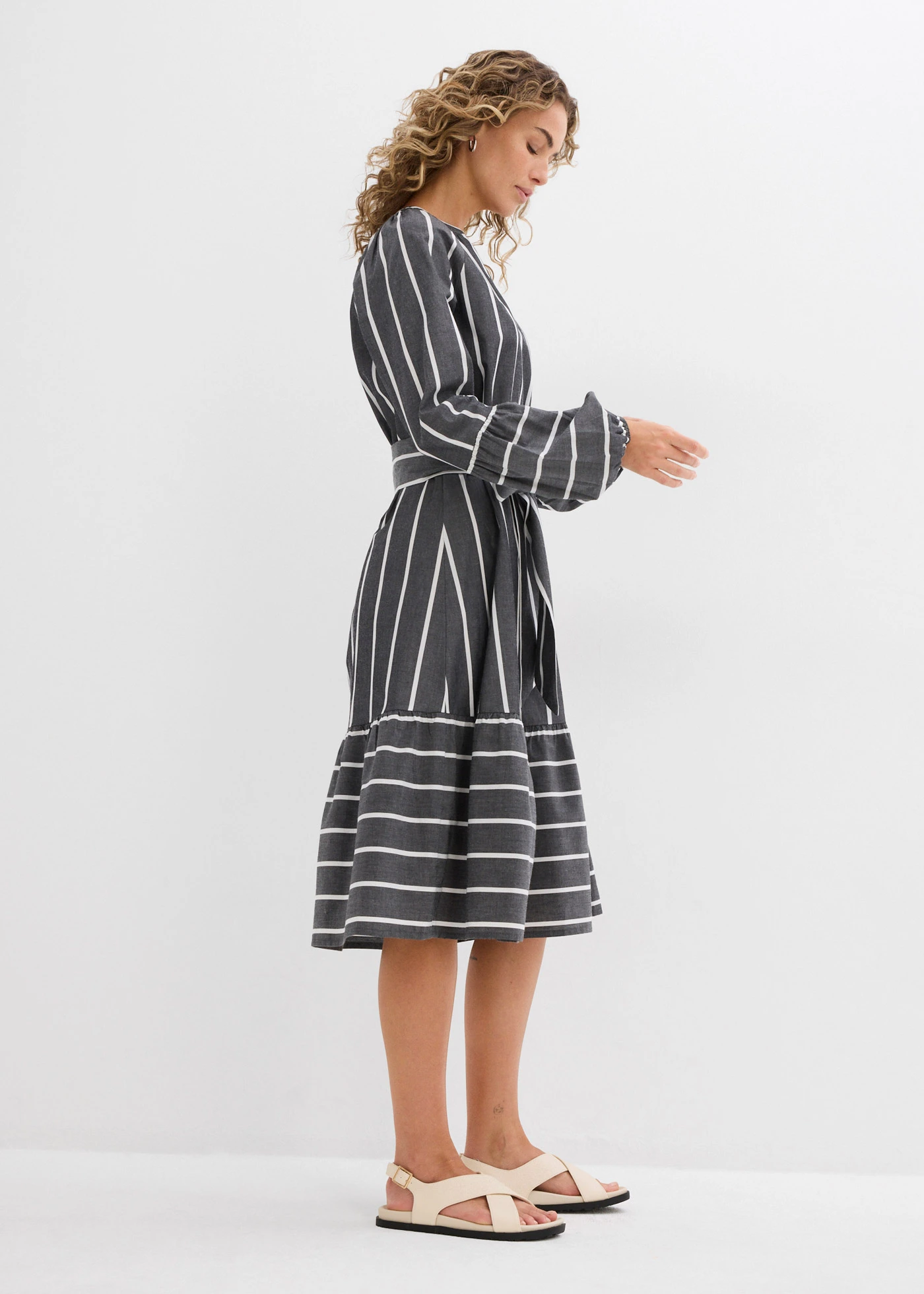 Gestreepte midi jurk van puur katoen • antraciet-wit gestreept • bonprix online shop