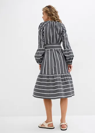 Gestreepte midi jurk van puur katoen • antraciet-wit gestreept • bonprix online shop
