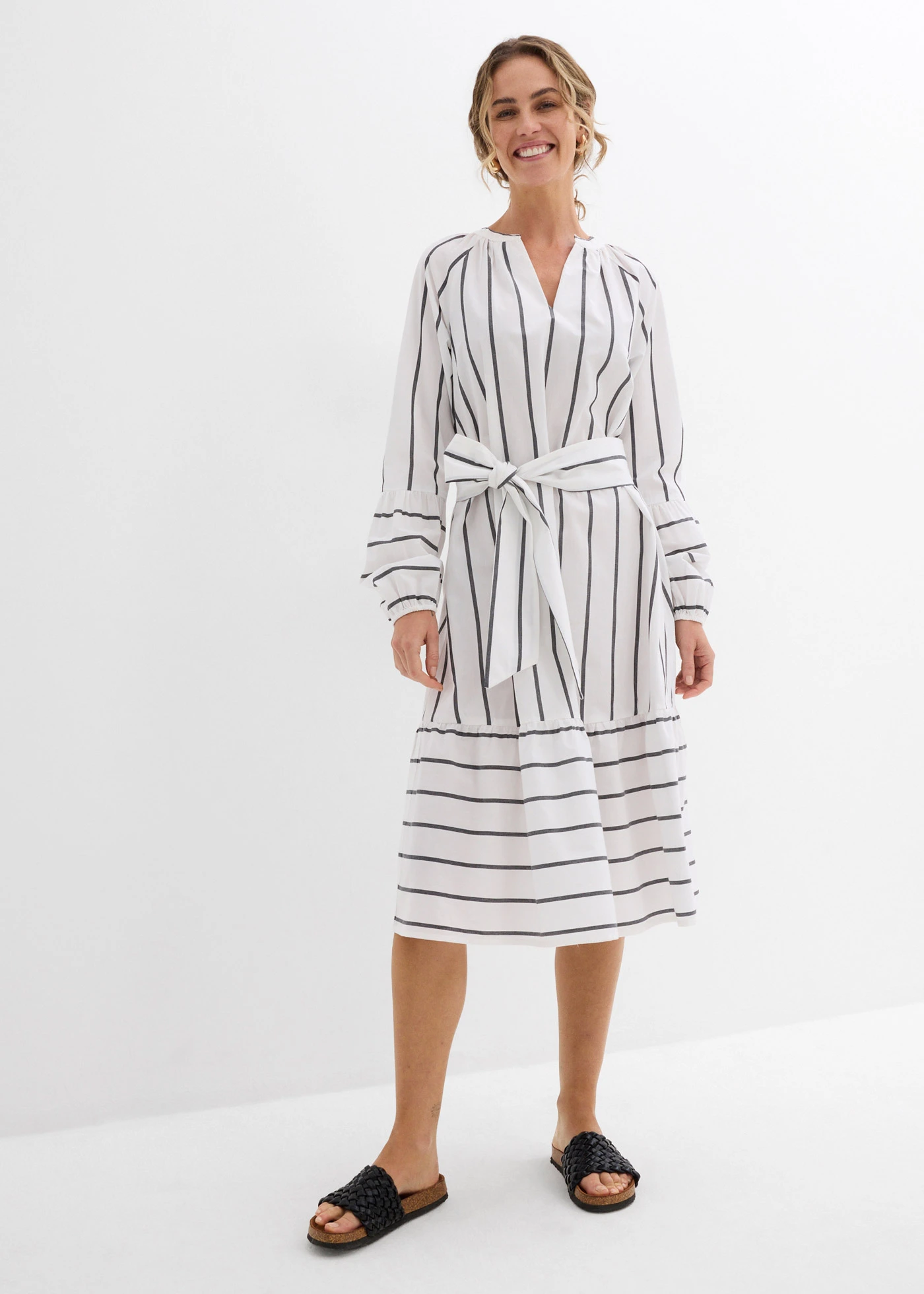 Gestreepte midi jurk van puur katoen • wit-antraciet gestreept • bonprix online shop