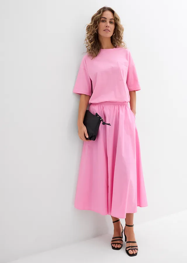 Midi rok in een elastische katoenmix, Kleur: roze