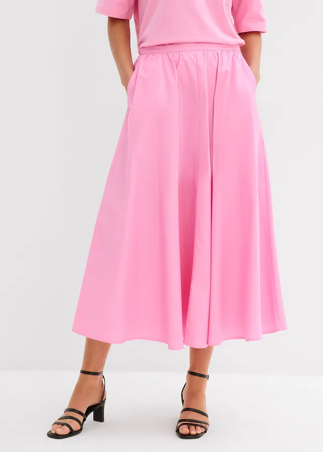 Midi rok in een elastische katoenmix, Kleur: roze