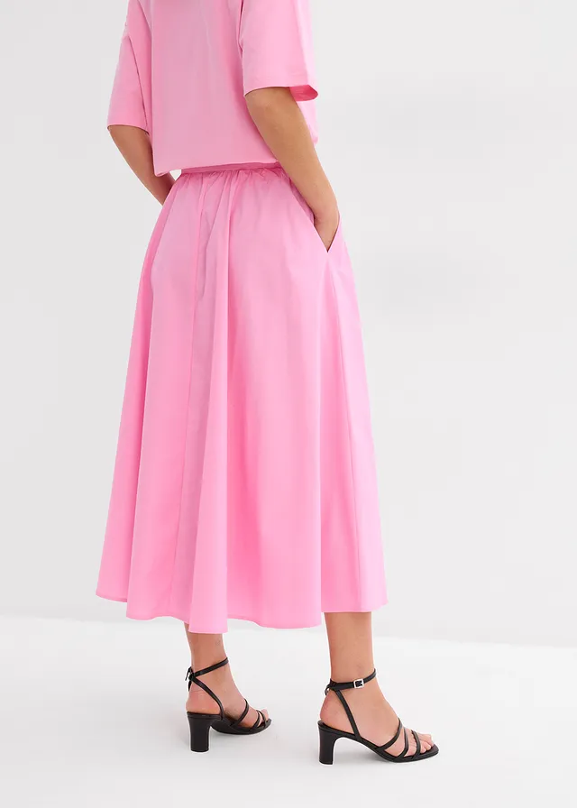 Midi rok in een elastische katoenmix, Kleur: roze