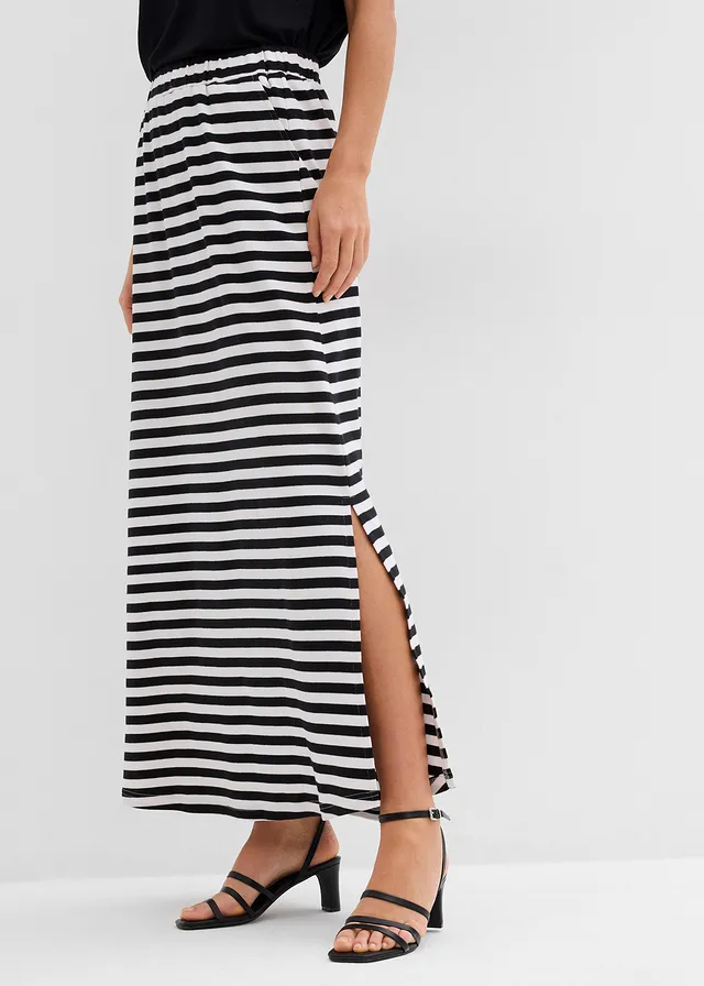 Jupe longue 100% coton, Couleur: noir-blanc cassé rayé