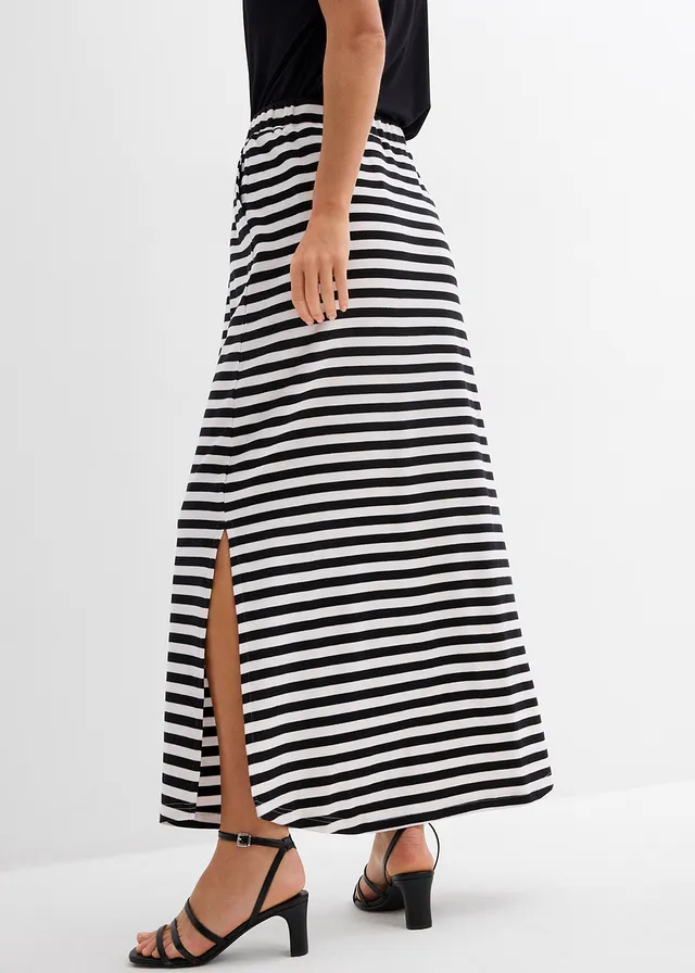 Jupe longue 100% coton, Couleur: noir-blanc cassé rayé