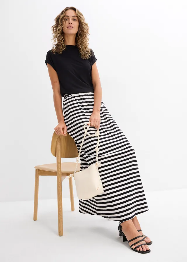 Jupe longue 100% coton, Couleur: noir-blanc cassé rayé