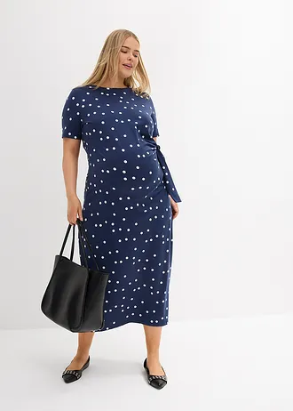 Jersey midi zwangerschapsjurk van biologisch katoen, Kleur: donkerblauw-wolwit gestippeld