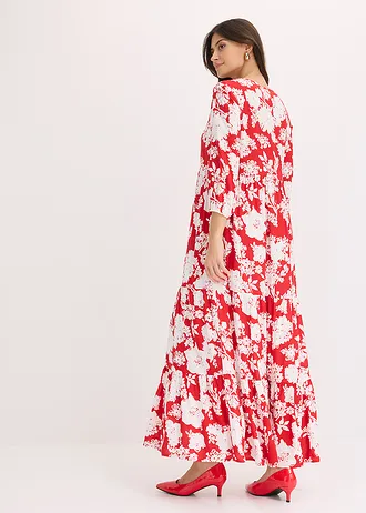 Robe longue en viscose fluide, Couleur: rouge tomate/blanc floral