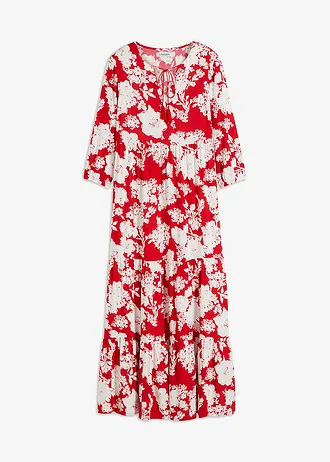 Robe longue en viscose fluide, Couleur: rouge tomate/blanc floral