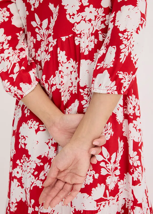 Gedessineerde maxi jurk van vloeiende viscose • tomatenrood/wit gebloemd • product-page.page-title-suffix
