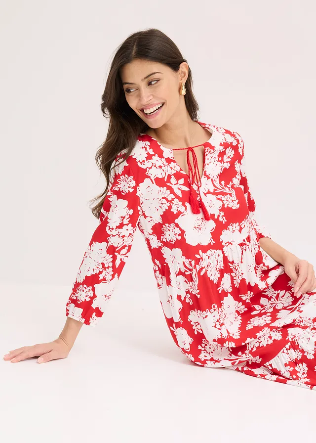 Robe longue en viscose fluide • rouge tomate-blanc floral • product-page.page-title-suffix