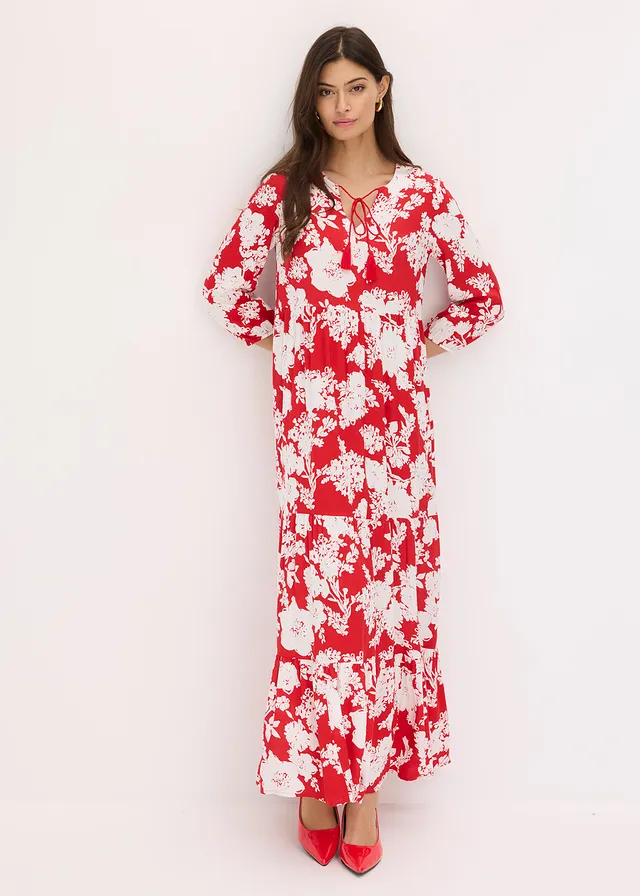 Gedessineerde maxi jurk van vloeiende viscose • tomatenrood/wit gebloemd • product-page.page-title-suffix