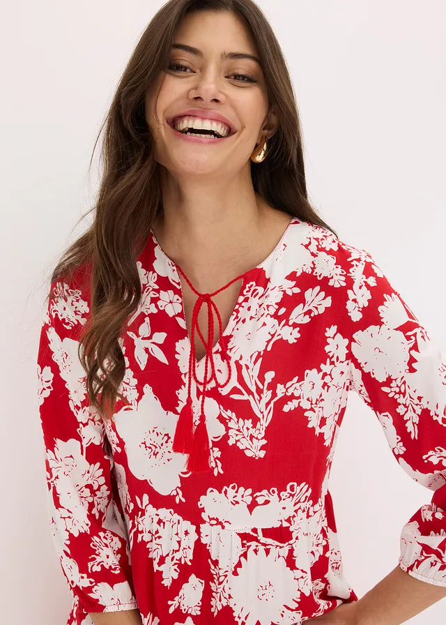 Robe longue en viscose fluide • rouge tomate-blanc floral • product-page.page-title-suffix