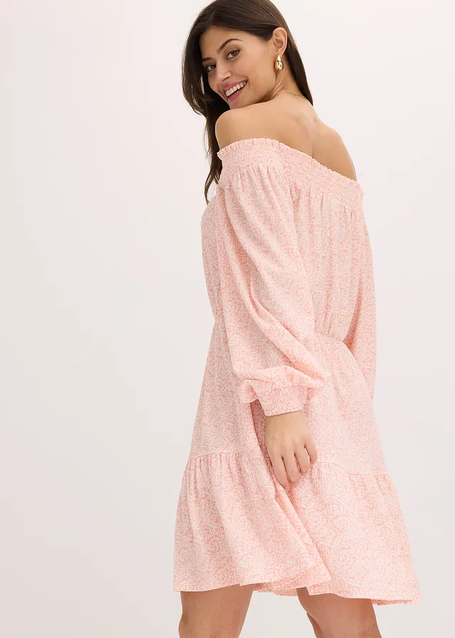 Robe imprimée col Bardot, Couleur: rose/blanc