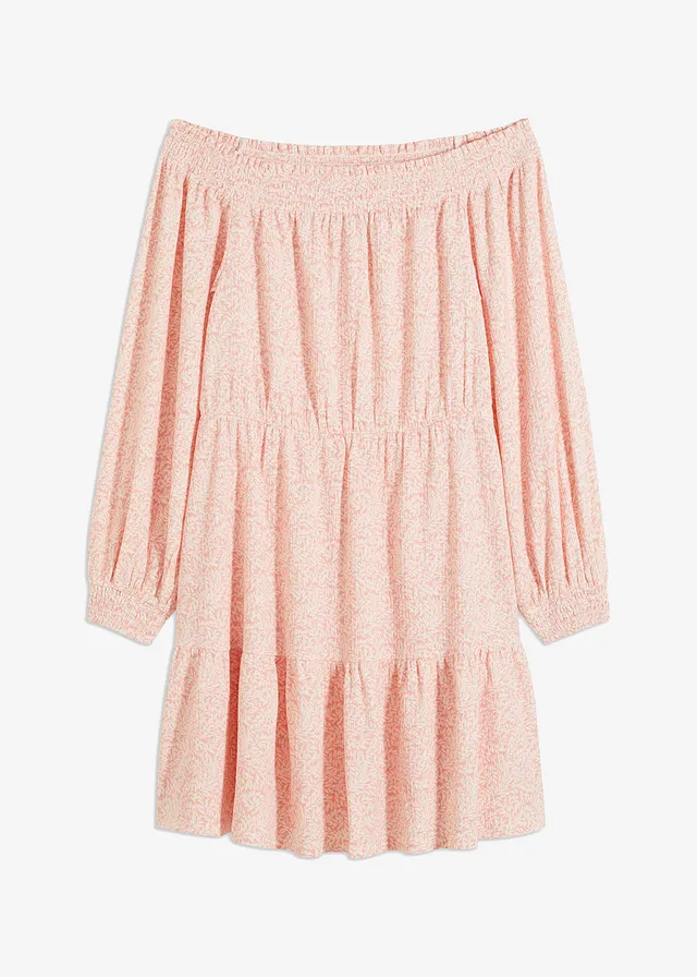 Robe imprimée col Bardot, Couleur: rose/blanc