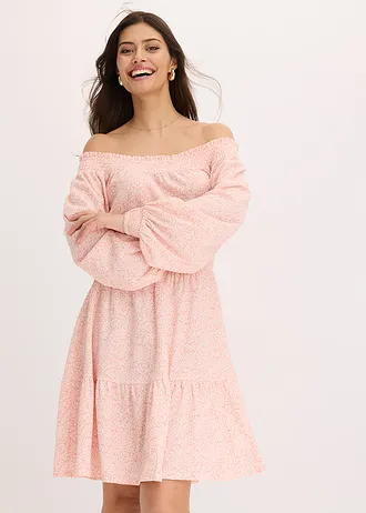 Carmen jurk met all-over print, Kleur: roze-wit gebloemd