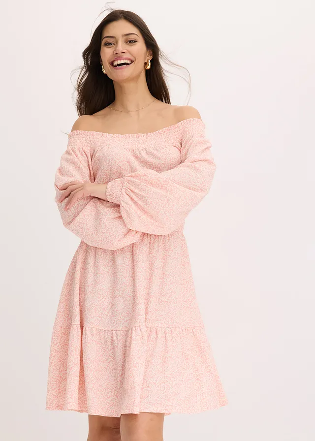 Robe imprimée col Bardot, Couleur: rose/blanc